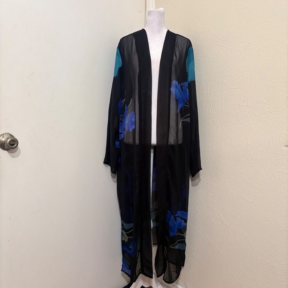 Black Blue Floral Sheer Duster Kimono Open Front Cardigan Robe Blue Black 4